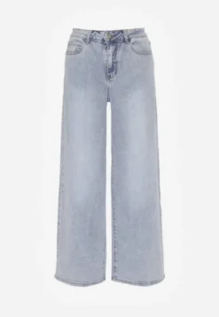 Niebieskie Szerokie Jeansy High Waist Zdobione Haftem na Kieszeni Thaola