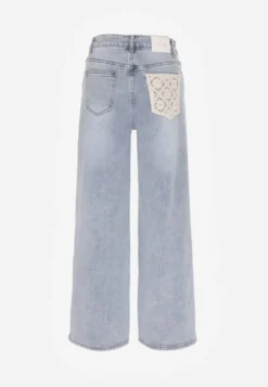 Niebieskie Szerokie Jeansy High Waist Zdobione Haftem na Kieszeni Thaola