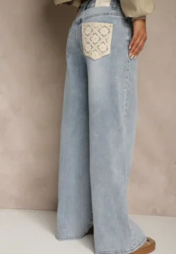 Niebieskie Szerokie Jeansy High Waist Zdobione Haftem na Kieszeni Thaola