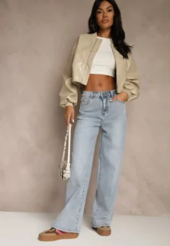 Niebieskie Szerokie Jeansy High Waist Zdobione Haftem na Kieszeni Thaola