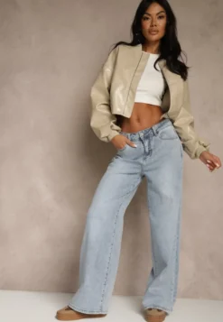 Niebieskie Szerokie Jeansy High Waist Zdobione Haftem na Kieszeni Thaola