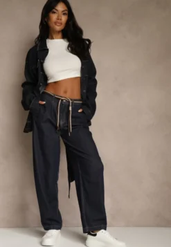 Niebieskie Szerokie Jeansy z Bawełny High Waist Ozdobione Sznurkiem Landa