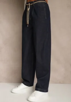 Niebieskie Szerokie Jeansy z Bawełny High Waist Ozdobione Sznurkiem Landa