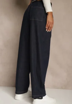 Niebieskie Szerokie Jeansy z Bawełny High Waist Ozdobione Sznurkiem Landa