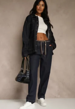 Niebieskie Szerokie Jeansy z Bawełny High Waist Ozdobione Sznurkiem Landa