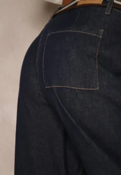 Niebieskie Szerokie Jeansy z Bawełny High Waist Ozdobione Sznurkiem Landa