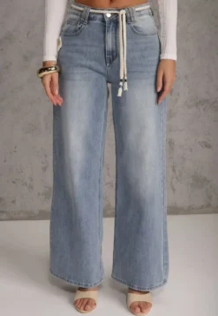 Niebieskie Szerokie Jeansy z Bawełną High Waist z Paskiem Typu Sznurek Caninna