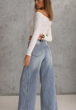 Niebieskie Szerokie Jeansy z Bawełną High Waist z Paskiem Typu Sznurek Caninna