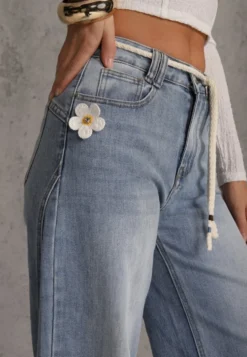 Niebieskie Szerokie Jeansy z Bawełną High Waist z Paskiem Typu Sznurek Caninna