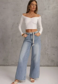 Niebieskie Szerokie Jeansy z Bawełną High Waist z Paskiem Typu Sznurek Caninna