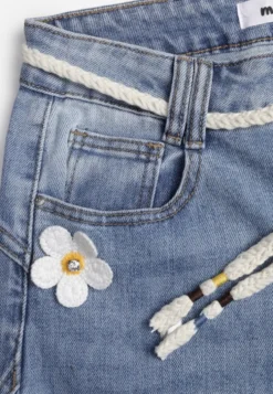 Niebieskie Szerokie Jeansy z Bawełną High Waist z Paskiem Typu Sznurek Caninna