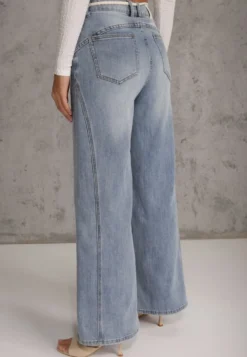 Niebieskie Szerokie Jeansy z Bawełną High Waist z Paskiem Typu Sznurek Caninna