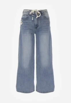 Niebieskie Szerokie Jeansy z Bawełną High Waist z Paskiem Typu Sznurek Caninna