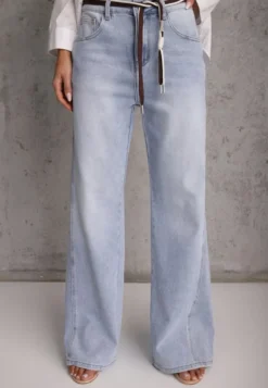 Niebieskie Szerokie Jeansy z Bawełny High Waist z Paskiem w Stylu Sznurówki Vetinia
