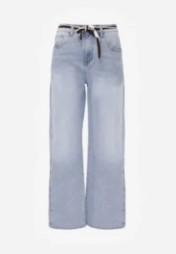 Niebieskie Szerokie Jeansy z Bawełny High Waist z Paskiem w Stylu Sznurówki Vetinia