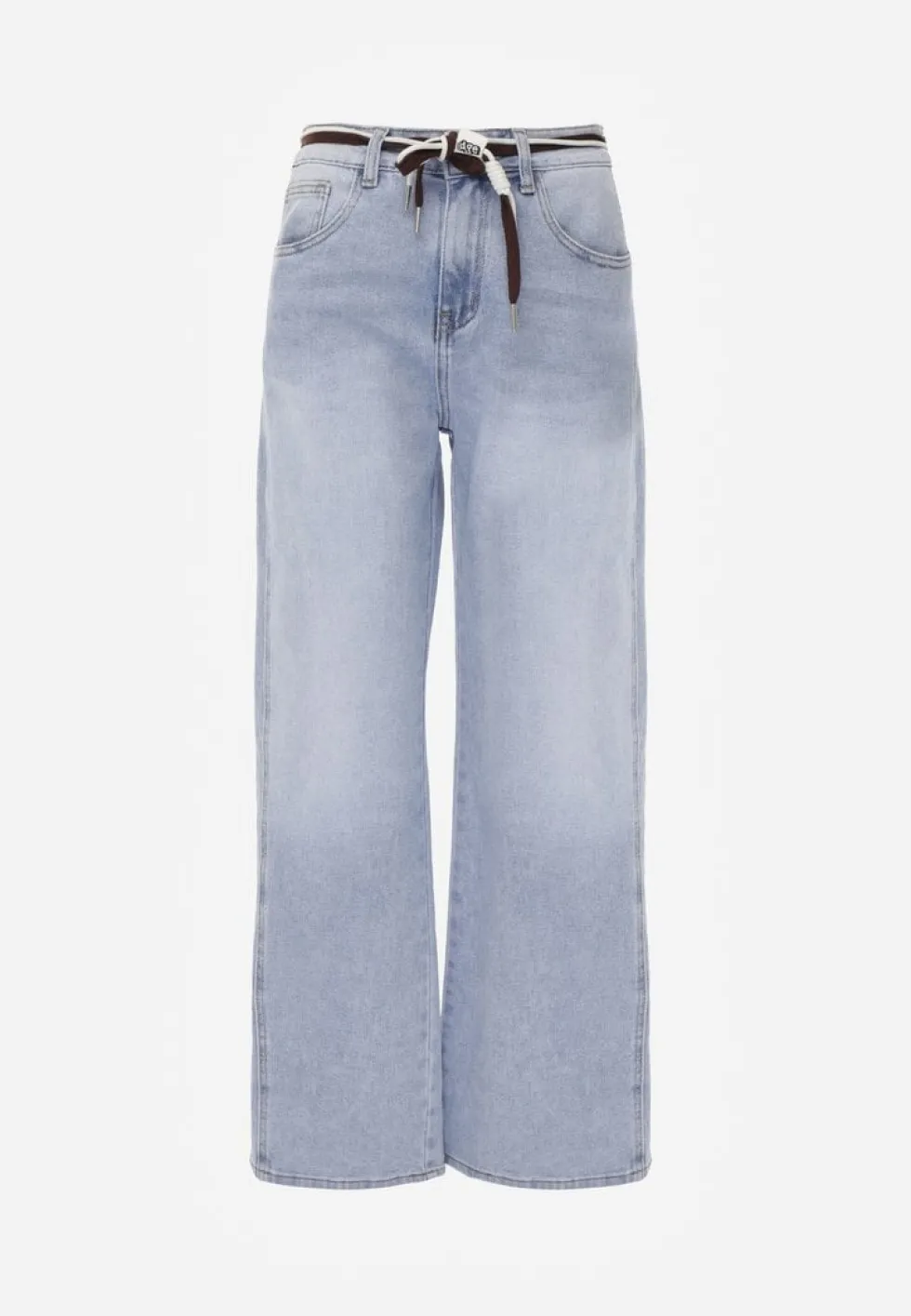 Niebieskie Szerokie Jeansy z Bawełny High Waist z Paskiem w Stylu Sznurówki Vetinia