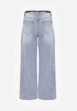 Niebieskie Szerokie Jeansy z Bawełny High Waist z Paskiem w Stylu Sznurówki Vetinia