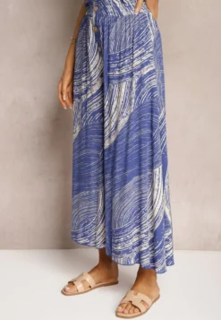 Niebieskie Szerokie Spodnie 7/8 High Waist z Wiskozy Wykończone Gumką w Pasie Risallni