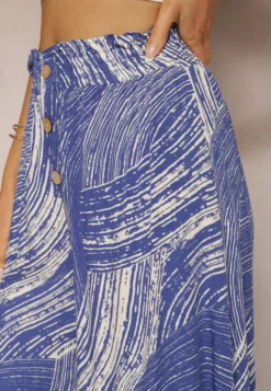 Niebieskie Szerokie Spodnie 7/8 High Waist z Wiskozy Wykończone Gumką w Pasie Risallni