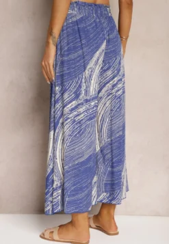 Niebieskie Szerokie Spodnie 7/8 High Waist z Wiskozy Wykończone Gumką w Pasie Risallni