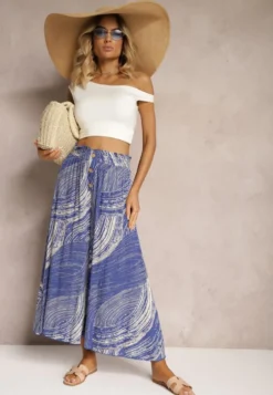 Niebieskie Szerokie Spodnie 7/8 High Waist z Wiskozy Wykończone Gumką w Pasie Risallni