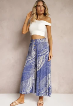 Niebieskie Szerokie Spodnie 7/8 High Waist z Wiskozy Wykończone Gumką w Pasie Risallni