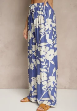 Niebieskie Szerokie Spodnie z Wiskozy High Waist w Kwiatowy Wzór Elaneora
