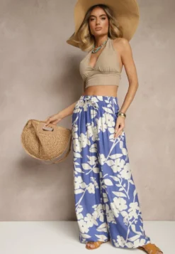 Niebieskie Szerokie Spodnie z Wiskozy High Waist w Kwiatowy Wzór Elaneora