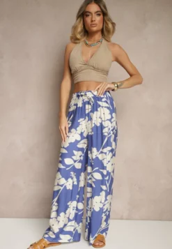 Niebieskie Szerokie Spodnie z Wiskozy High Waist w Kwiatowy Wzór Elaneora