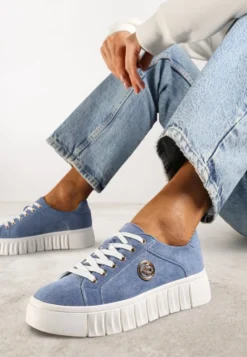 Niebieskie Sznurowane Sneakersy Vices na Platformie z Tłoczeniem i Metaliczną Aplikacją Lavfedi