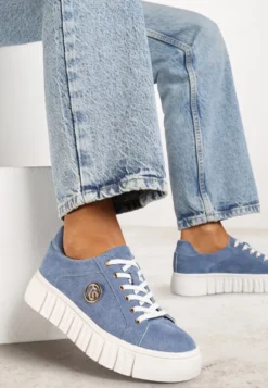 Niebieskie Sznurowane Sneakersy Vices na Platformie z Tłoczeniem i Metaliczną Aplikacją Lavfedi