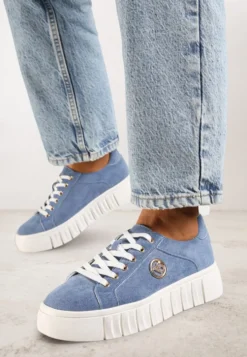 Niebieskie Sznurowane Sneakersy Vices na Platformie z Tłoczeniem i Metaliczną Aplikacją Lavfedi