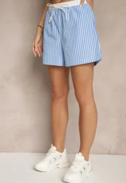 Niebieskie Szorty High Waist Ozdobione Sznurkami i Paskami Kinthea
