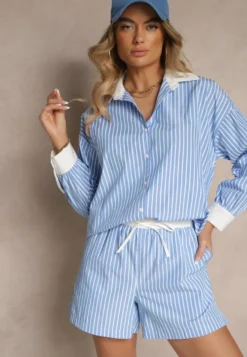 Niebieskie Szorty High Waist Ozdobione Sznurkami i Paskami Kinthea
