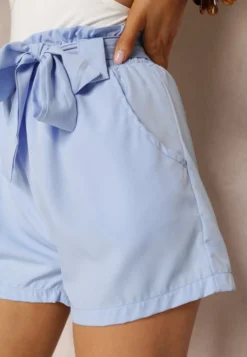 Niebieskie Szorty High Waist z Materiałowym Paskiem i Kieszeniami Leonitte