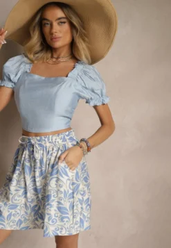 Niebieskie Szorty High Waist z Wiskozy w Kwiatowy Print Dannalis