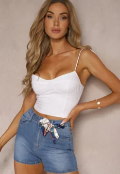 Niebieskie Szorty High Waist z Jeansu Ozdobione Kokardką Ripapia