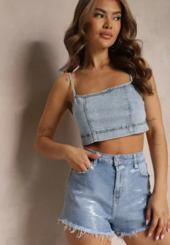 Niebieskie Szorty High Waist z Zamkiem Błyskawicznym i Nogawkami o Postrzępionym Wykończeniu Javela
