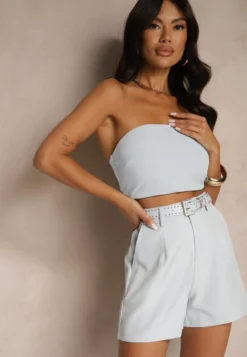 Niebieskie Szorty High Waist z Paskiem Linave