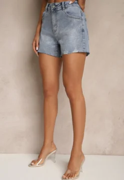 Niebieskie Szorty Jeansowe High Waist z Cyrkoniowym Zdobieniem Ulamira