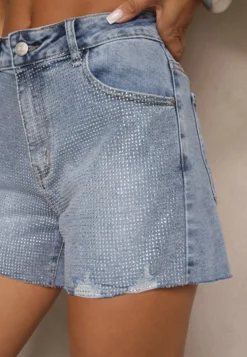 Niebieskie Szorty Jeansowe High Waist z Cyrkoniowym Zdobieniem Ulamira