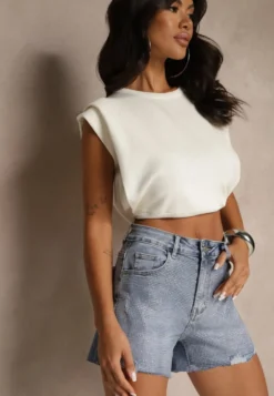 Niebieskie Szorty Jeansowe High Waist z Cyrkoniowym Zdobieniem Ulamira