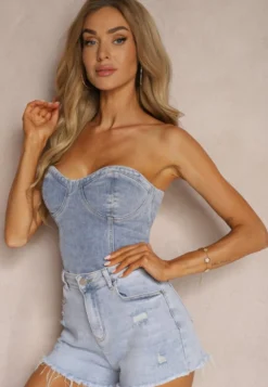 Niebieskie Szorty Jeansowe z Bawełną High Waist z Serduszkiem z Tyłu Vikiria