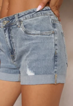 Niebieskie Szorty Jeansowe z Bawełny High Waist Ozdobione Przetarciami Lucibea