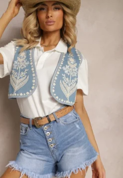 Niebieskie Szorty Jeansowe z Bawełny High Waist Ozdobione Guzikami i Wystrzępionymi Nogawkami Hettila