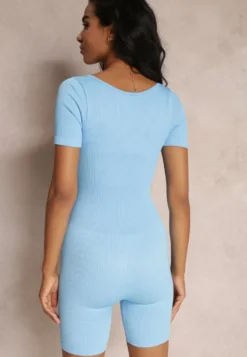 Niebieski Kombinezon Bodycon z Krótkimi Rękawami i Nogawkami Tavis