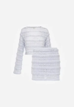 Niebieski Komplet z Koronki Bluzka Longsleeve i Dopasowane Spódnico-Szorty Daera