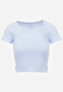 Niebieski Krótki T-shirt Basic z Okrągłym Dekoltem Gresalor