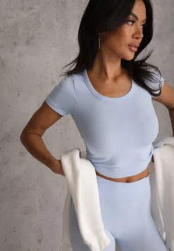 Niebieski Krótki T-shirt Basic z Okrągłym Dekoltem Gresalor