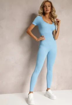 Niebieski Prążkowany Kombinezon Bodycon z Długimi Nogawkami i Krótkimi Rękawami Vittone